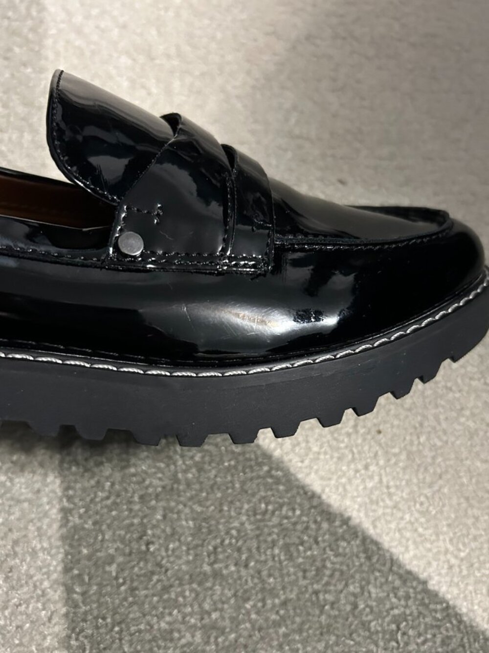 Franco Sarto Cassandra Black Patent Leather Penny Loafers Lug Sole Women's 7.5M - Picture 4 of 12